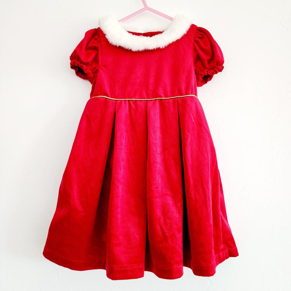 Max Studio Girl's 3T Red Velvet Holiday Dress White Fur Collar Short Sleeve